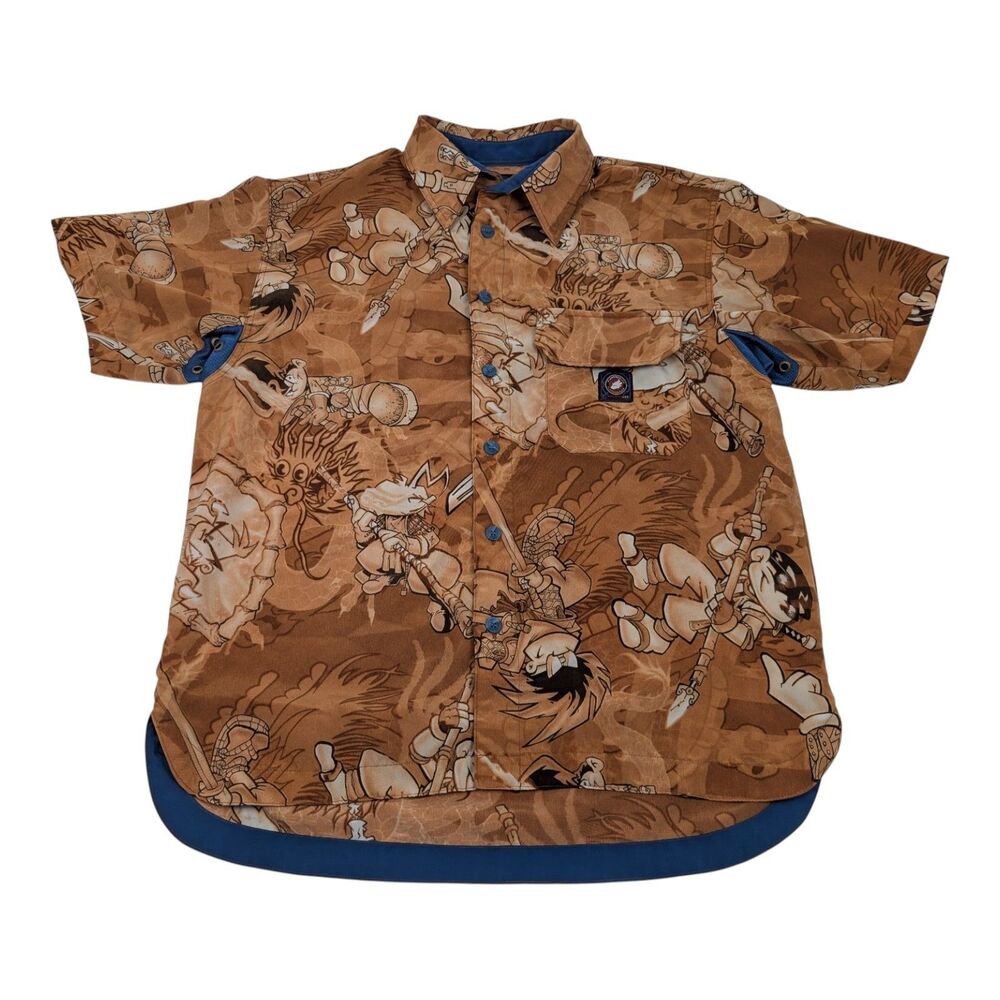 Vtg FLAME HEAD Button Up Shirt Orange Print All Over Rare Street Fighter Size M